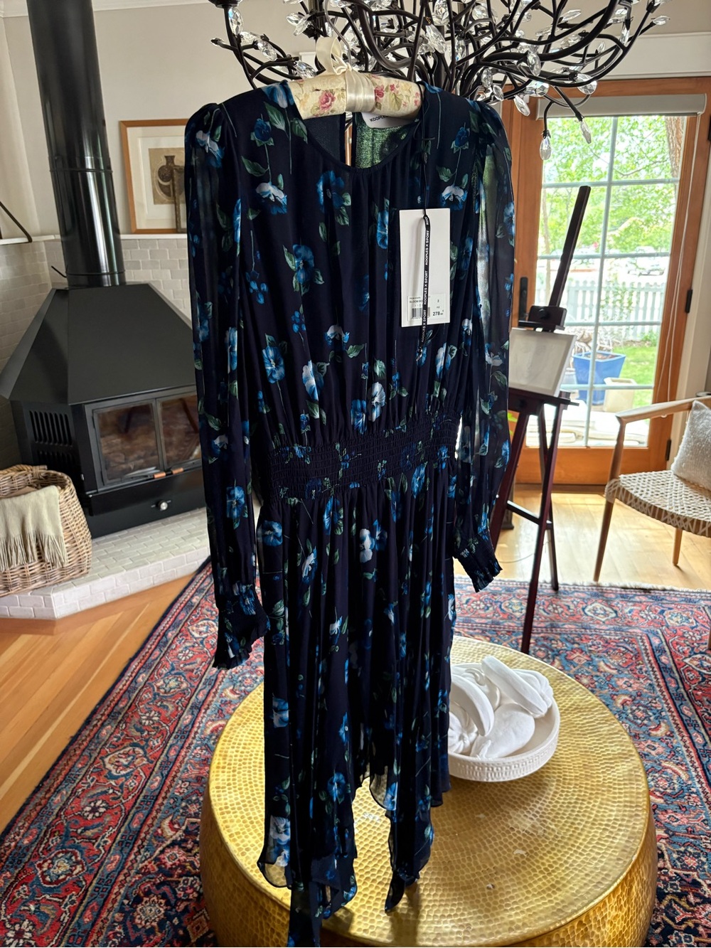 The Kooples Navy Floral Long-Sleeve Midi Dress